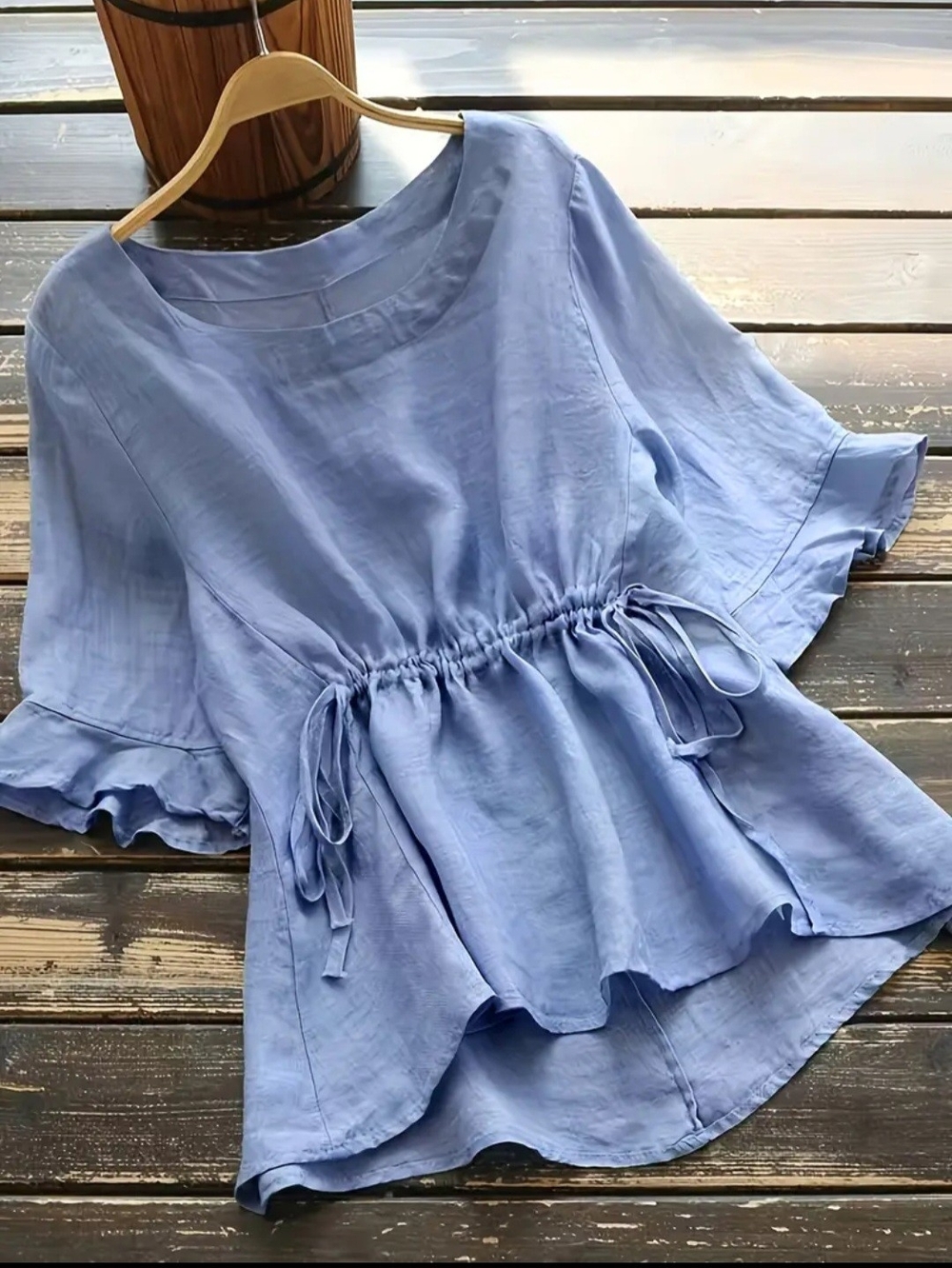 Light Blue Drawstring Peplum Ruffle Sleeve Blouse